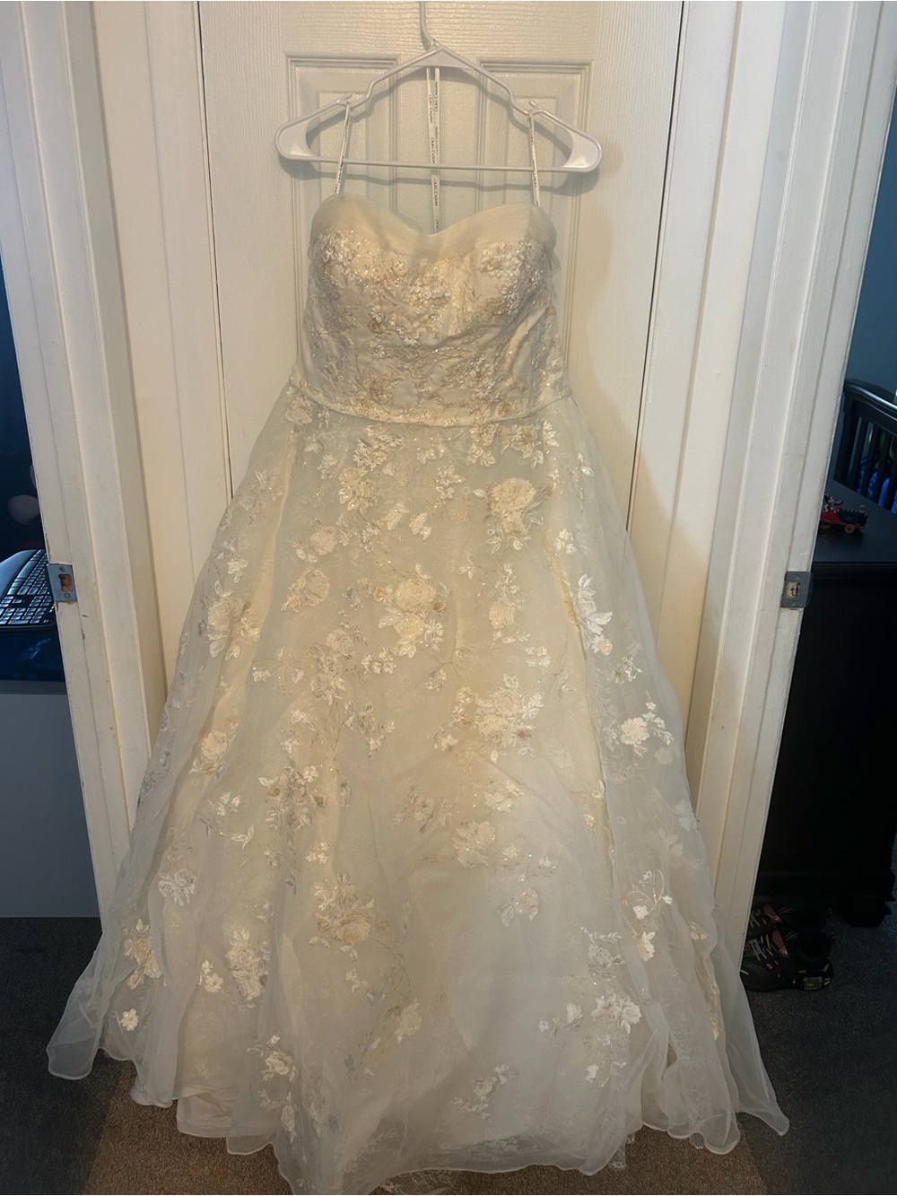 Oleg Cassini Ivory Strapless A‑Line Wedding Gown with Floral Lace